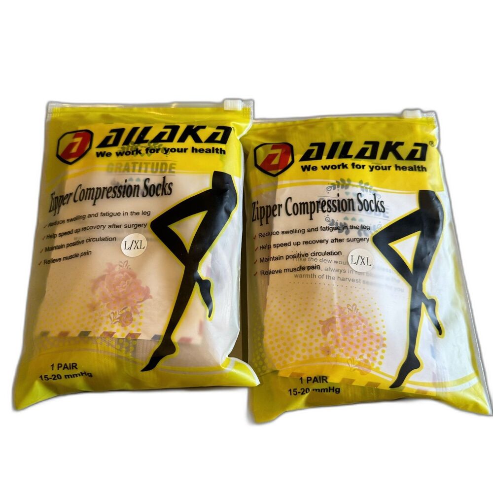 New Ailaka Zipper Compression Socks 2 Pair Beige L/XL 15-20 mmHg Circulation